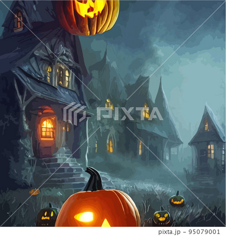 Creepy Halloween card. Glowing pumpkins on the background of a spooky place with a fantasy style house. Halloween party with pumpkins. Vector illustration. Creepy Halloween card. Glowing pumpkins on the background of a spooky place with a fantasy style house. Halloween party with pumpkins. Vector illustration. 95079001