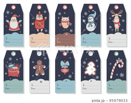 Collection Christmas gift tags. Card labels with cute with characters, animals, New Years decor gifts and gingerbread. Vector vertical design templates. Xmas and New 2023 Year celebration preparation. Collection Christmas gift tags. Card labels with cute with characters, animals, New Years decor gifts and gingerbread. Vector vertical design templates. Xmas and New 2023 Year celebration preparation. 95079033