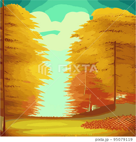 Autumn countryside scenery with sunset, panoramic mid-autumn leaves falling from trees in orange foliage. Wonderland in autumn season , Autumn landscape Background Autumn countryside scenery with sunset, panoramic mid-autumn leaves falling from trees in orange foliage. Wonderland in autumn season , Autumn landscape Background 95079119