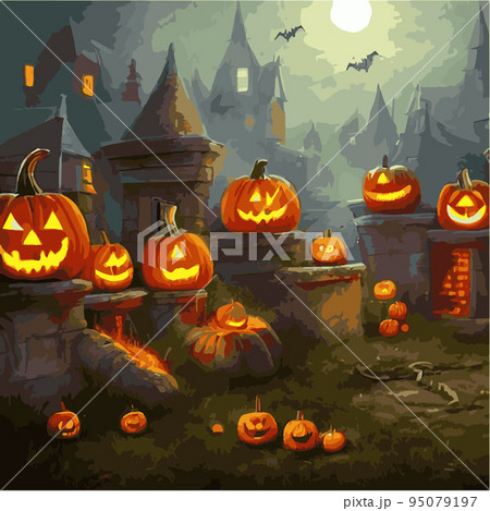 Creepy Halloween card. Glowing pumpkins on the background of a spooky place with a fantasy style house. Halloween party with pumpkins. Vector illustration. 95079197