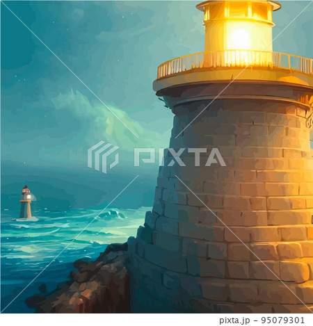 Peaceful seaside landscape with a white lighthouse. Vector illustration. Lighthouse with a barn on the rocks by the sea. Navigation lighthouse building in the ocean. Stylish northern style Peaceful seaside landscape with a white lighthouse. Vector illustration. Lighthouse with a barn on the rocks by the sea. Navigation lighthouse building in the ocean. Stylish northern style 95079301