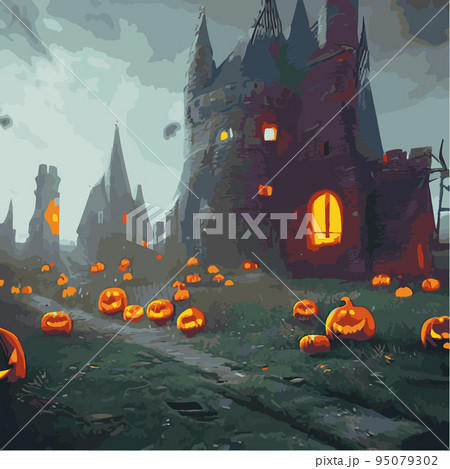 Halloween night background image with spooky castle and pumpkins. Vector elements banner, Halloween celebration greeting card, Halloween party poster. haunted house and full moon, vector illustration Halloween night background image with spooky castle and pumpkins. Vector elements banner, Halloween celebration greeting card, Halloween party poster. haunted house and full moon, vector illustration 95079302