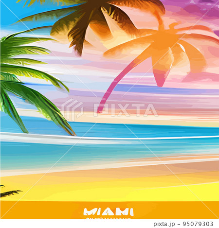 miami beach with palm trees at sunset .Tropical landscape with sunny sky, palm trees on the beach. silhouette of palm trees on the sunset beach 95079303