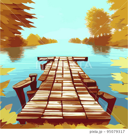 Autumn rural landscape in evening light with sunset, , vector cartoon of autumn countryside with forest tree, maple trees with yellow foliage in autumn season. 95079317