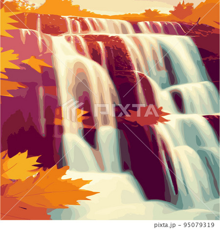 Autumn forest landscape with a cascading waterfall on the rocks. Vector cartoon illustration of a nature scene with a river, a waterfall, trees with colorful leaves, grass, bushes 95079319
