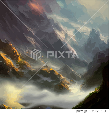 Realistic illustration of a mountain landscape with hills and coniferous forest under retro. Smoke mountains. vector landscape for your design. Magic hill silhouette. 95079321