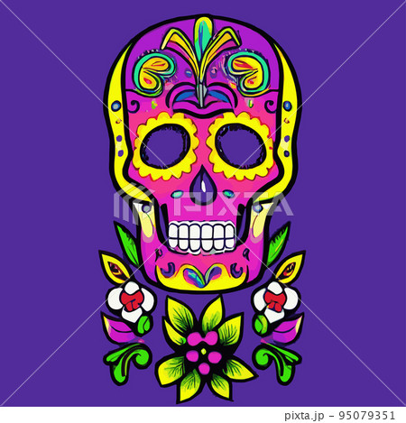 Human skull with a variety of drawn in tattoo style. Isolated on a pastel background. Day of Remembrance Dead. Sugar skull. Traditional symbol of the Day of the Dead. vintage vector illustration  95079351