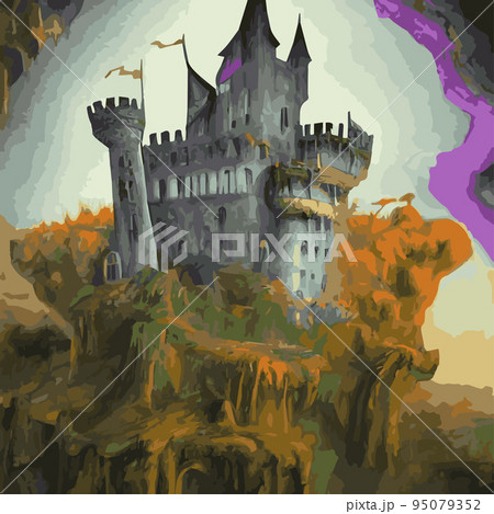 Gothic castle behind the gates in the moonlight scary building with ghosts Halloween festive concept flat vector illustration .Silhouette of fantasy fairy tale cathedral .Medieval architecture. Gothic castle behind the gates in the moonlight scary building with ghosts Halloween festive concept flat vector illustration .Silhouette of fantasy fairy tale cathedral .Medieval architecture. 95079352