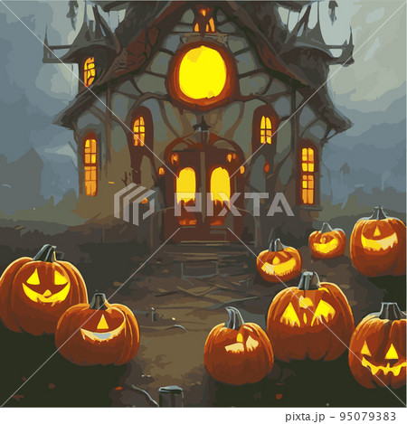Creepy Halloween card. Glowing pumpkins on the background of a spooky place with a fantasy style house. Halloween party with pumpkins. Vector illustration. 95079383