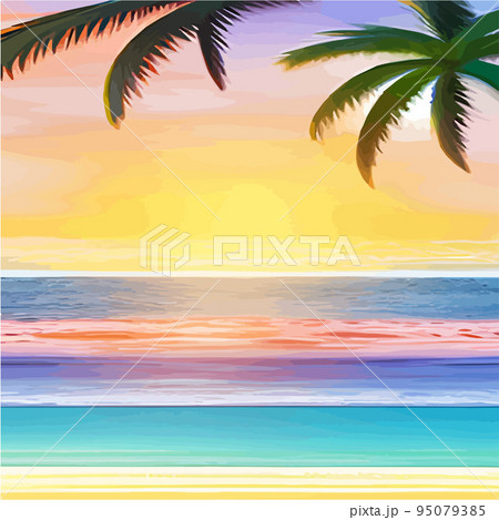 miami beach with palm trees at sunset .Tropical landscape with sunny sky, palm trees on the beach. silhouette of palm trees on the sunset beach 95079385