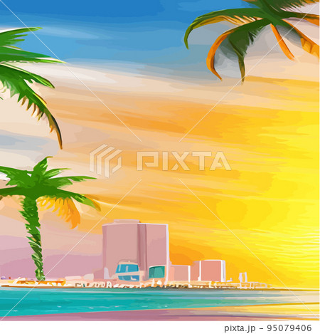 miami beach with palm trees at sunset .Tropical landscape with sunny sky, palm trees on the beach. silhouette of palm trees on the sunset beach 95079406