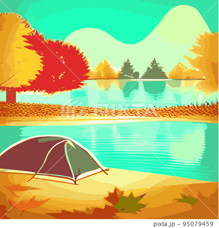 autumn camp outdoors by the lake with tent vintage vector. Campground poster, mountain, river, illustration. Relaxation lifestyle. Nature illustration landscape, sun, sky scene. Relaxation 95079459