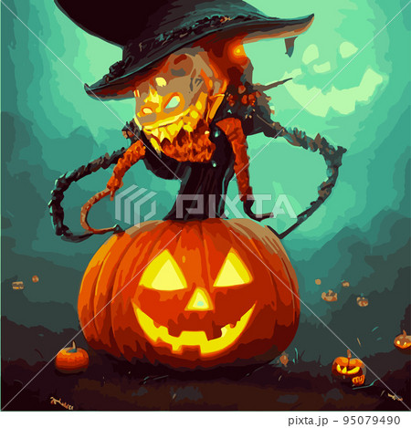 Spooky vector illustration pumpkins fantasy style. Halloween stylized horror pumpkin spooky party decoration, mockup, web page design template. posters, banners, invitations, advertisements, flyers 95079490