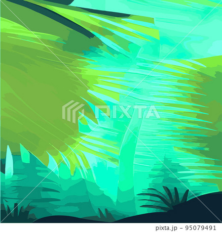 Tropical card with lush palm foliage. Oasis landscape. Hand drawn vector illustration .vector Tropical typography design with jungle green palm leaves. forest background 95079491