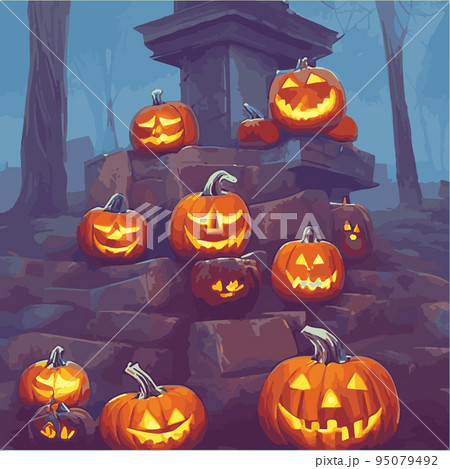 Creepy Halloween card. Glowing pumpkins on the background of a spooky place with a fantasy style house. Halloween party with pumpkins. Vector illustration. Creepy Halloween card. Glowing pumpkins on the background of a spooky place with a fantasy style house. Halloween party with pumpkins. Vector illustration. 95079492