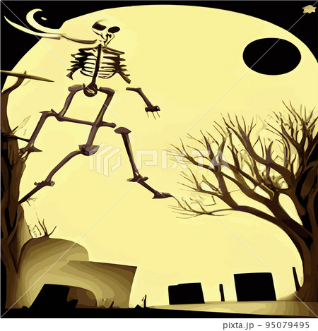 Halloween party poster. Design cartoon design with pumpkins, vintage night bat and trees and castle, wizard and spooky ghosts, dark background, abstract autumn decor. Horror objects. 95079495