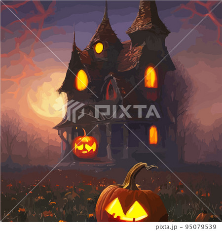 Creepy Halloween card. Glowing pumpkins on the background of a spooky place with a fantasy style house. Halloween party with pumpkins. Vector illustration. Creepy Halloween card. Glowing pumpkins on the background of a spooky place with a fantasy style house. Halloween party with pumpkins. Vector illustration. 95079539