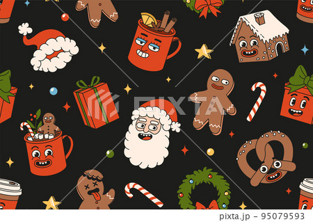 Merry Christmas and Happy New year seamless pattern. Santa Claus, gifts, cocoa, coffee, gingerbread in trendy retro cartoon style. Textile, wrapping paper, wallpaper with funny comic characters. Merry Christmas and Happy New year seamless pattern. Santa Claus, gifts, cocoa, coffee, gingerbread in trendy retro cartoon style. Textile, wrapping paper, wallpaper with funny comic characters. 95079593