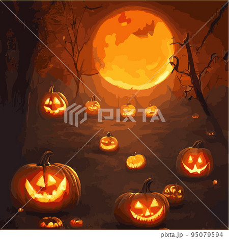 Creepy Halloween card. Glowing pumpkins on the background of a spooky place with a fantasy style house. Halloween party with pumpkins. Vector illustration. 95079594
