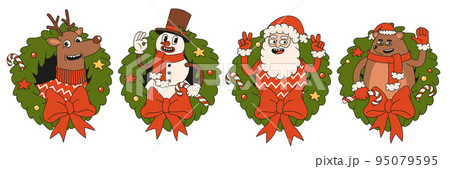 Merry Christmas and Happy New year. Santa Claus, bear, snowman, reindeer, wreath in trendy retro cartoon style. Sticker pack of comic characters. Merry Christmas and Happy New year. Santa Claus, bear, snowman, reindeer, wreath in trendy retro cartoon style. Sticker pack of comic characters. 95079595