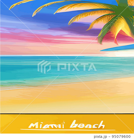 miami beach with palm trees at sunset .Tropical landscape with sunny sky, palm trees on the beach. silhouette of palm trees on the sunset beach miami beach with palm trees at sunset .Tropical landscape with sunny sky, palm trees on the beach. silhouette of palm trees on the sunset beach 95079600