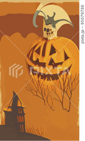 Vintage Halloween poster design with vector ghost character. pumpkin composition, pumpkin leaves, halloween, with scary halloween elements, autumn design elements. Vector illustration. 95079780