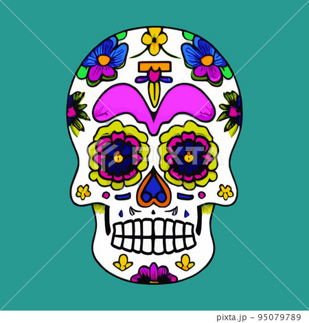 Human skull with a variety of drawn in tattoo style. Isolated on a pastel background. Day of Remembrance Dead. Sugar skull. Traditional symbol of the Day of the Dead. vintage vector illustration Human skull with a variety of drawn in tattoo style. Isolated on a pastel background. Day of Remembrance Dead. Sugar skull. Traditional symbol of the Day of the Dead. vintage vector illustration 95079789