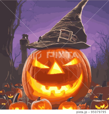 Spooky vector illustration pumpkins fantasy style. Halloween stylized horror pumpkin spooky party decoration, mockup, web page design template. posters, banners, invitations, advertisements, flyers Spooky vector illustration pumpkins fantasy style. Halloween stylized horror pumpkin spooky party decoration, mockup, web page design template. posters, banners, invitations, advertisements, flyers 95079795