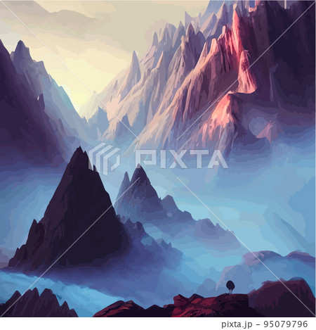 Realistic illustration of a mountain landscape with hills and coniferous forest under retro. Smoke mountains. vector landscape for your design. Magic hill silhouette. 95079796