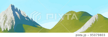 Spring landscape with mountain, blue sky and clouds, panorama green fields, fresh and peaceful rural nature in spring with green grassy ground. Cartoon illustration for spring and summer banner 95079803