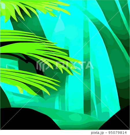 Tropical card with lush palm foliage. Oasis landscape. Hand drawn vector illustration .vector Tropical typography design with jungle green palm leaves. forest background 95079814