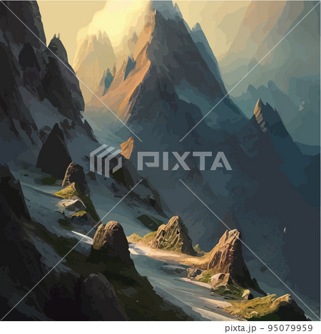 Realistic illustration of a mountain landscape with hills and coniferous forest under retro. Smoke mountains. vector landscape for your design. Magic hill silhouette. 95079959