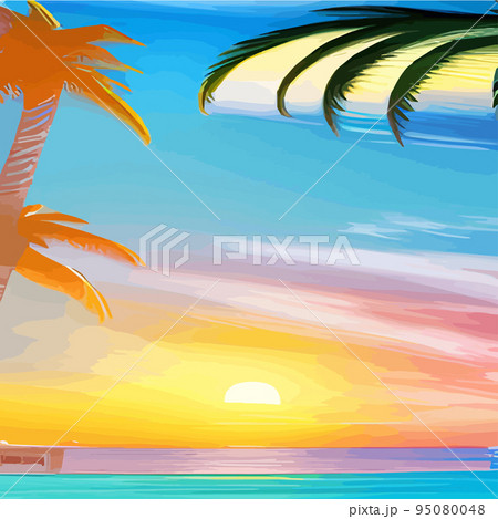 miami beach with palm trees at sunset .Tropical landscape with sunny sky, palm trees on the beach. silhouette of palm trees on the sunset beach 95080048