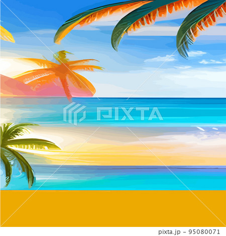 miami beach with palm trees at sunset .Tropical landscape with sunny sky, palm trees on the beach. silhouette of palm trees on the sunset beach 95080071