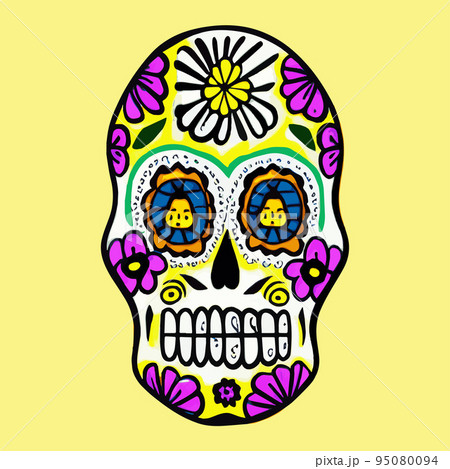 Human skull with a variety of drawn in tattoo style. Isolated on a pastel background. Day of Remembrance Dead. Sugar skull. Traditional symbol of the Day of the Dead. vintage vector illustration  95080094