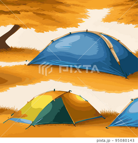 Autumn. Morning landscape in the mountains. Solitude in nature against the backdrop of mountains. Weekend in a tent in the autumn colorful forest. hiking and camping. Vector flat illustration 95080143
