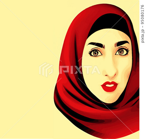 portraits. Young arab business woman in hijab. The face of a Muslim girl is covered with a scarf. Vector illustration. Happy International Women's Day. Portrait of Asian Muslim Woman 95080176