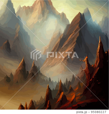 Realistic illustration of a mountain landscape with hills and coniferous forest under retro. Smoke mountains. vector landscape for your design. Magic hill silhouette. Realistic illustration of a mountain landscape with hills and coniferous forest under retro. Smoke mountains. vector landscape for your design. Magic hill silhouette. 95080227