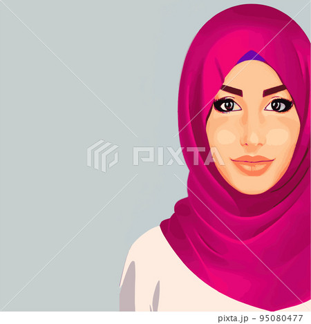 portraits. Young arab business woman in hijab. The face of a Muslim girl is covered with a scarf. Vector illustration. Happy International Women's Day. Portrait of Asian Muslim Woman 95080477