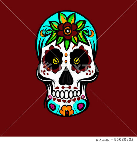 Human skull with a variety of drawn in tattoo style. Isolated on a pastel background. Day of Remembrance Dead. Sugar skull. Traditional symbol of the Day of the Dead. vintage vector illustration  95080502