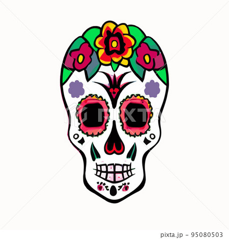 Human skull with a variety of drawn in tattoo style. Isolated on a pastel background. Day of Remembrance Dead. Sugar skull. Traditional symbol of the Day of the Dead. vintage vector illustration  95080503