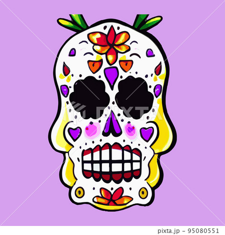 Human skull with a variety of drawn in tattoo style. Isolated on a pastel background. Day of Remembrance Dead. Sugar skull. Traditional symbol of the Day of the Dead. vintage vector illustration  95080551