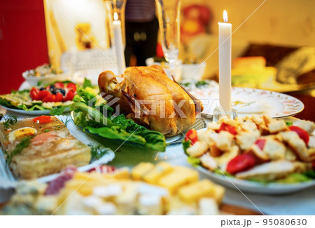Roasted whole turkey on festive table for Thanksgiving Day. Roasted whole turkey on festive table for Thanksgiving Day. 95080630