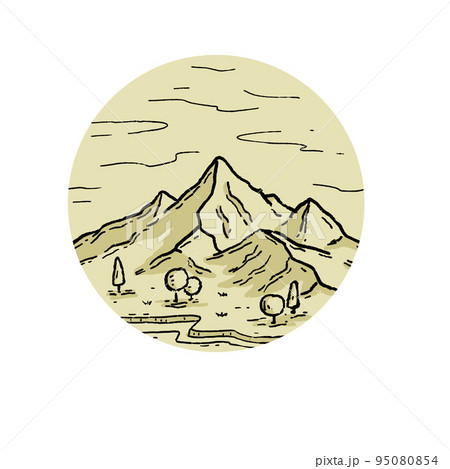 Mountains with forest in engraving style. Logo of highlands landscape and peak in circle. Hand drawn design. Rocky ridge. 95080854