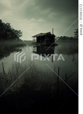 Illustration of creepy cabin on the swamp Illustration of creepy cabin on the swamp 95081572