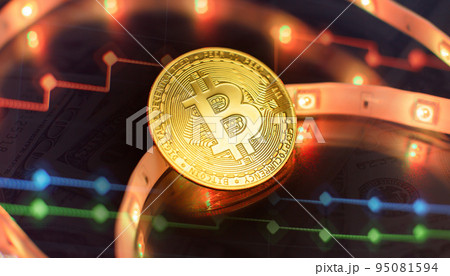 Cryptocurrency concept , Golden bitcoin on mainboard , The future of money. Computational equipment. Cryptocurrency concept , Golden bitcoin on mainboard , The future of money. Computational equipment. 95081594