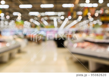Abstract supermarket grocery store blurred defocused background with bokeh light Abstract supermarket grocery store blurred defocused background with bokeh light 95082620