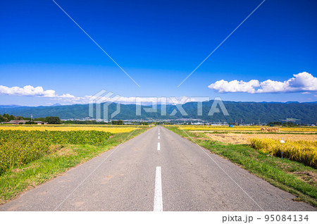 田園風景の伸びる真っすぐな道　箕輪町 95084134