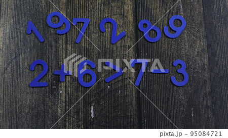 Task in mathematics. Mathematics problem for children. Simple algebra examples using numbers and signs from plastic numbers on a wooden background. Task in mathematics. Mathematics problem for children. Simple algebra examples using numbers and signs from plastic numbers on a wooden background. 95084721