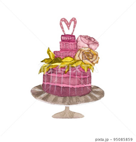 a pink cake with heart watercolor illustration a pink cake with heart watercolor illustration 95085859